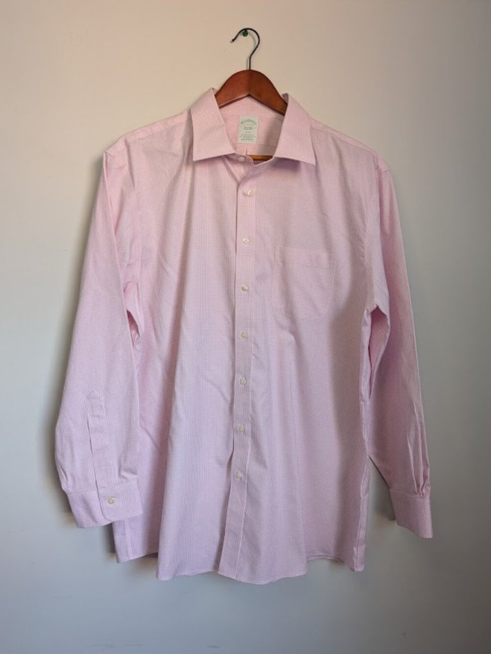 Brooks Brothers Non-Iron Stretch Supima Dress Shirt Mens 17.5 - 34 Check Pink